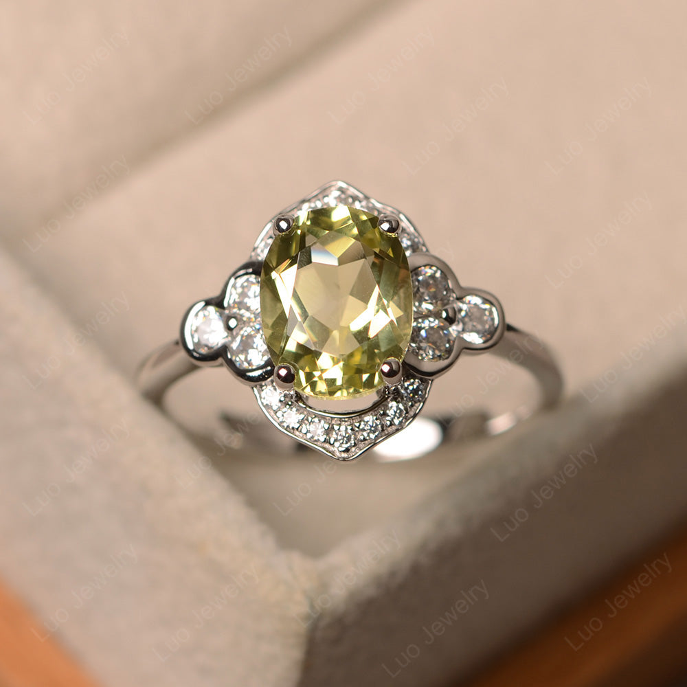 Oval Lemon Quartz Halo Engagement Art Deco Ring - LUO Jewelry