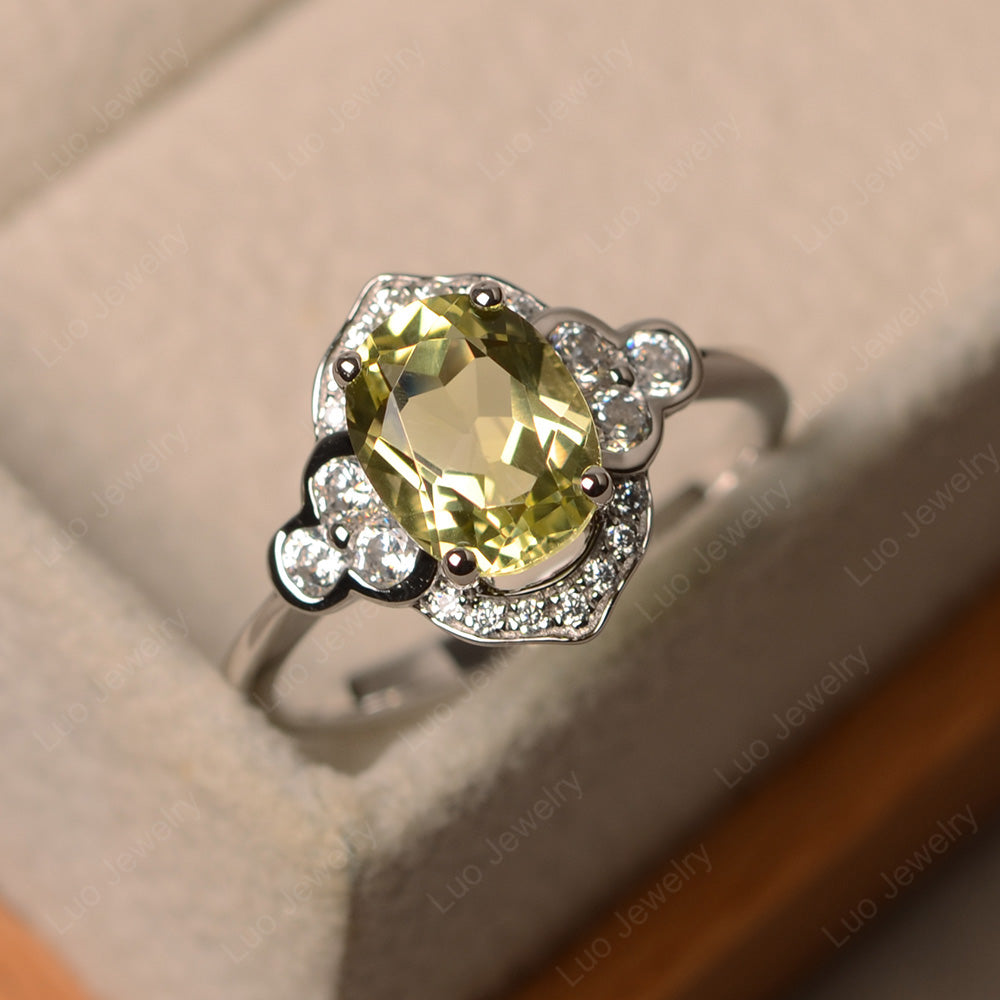 Oval Lemon Quartz Halo Engagement Art Deco Ring - LUO Jewelry