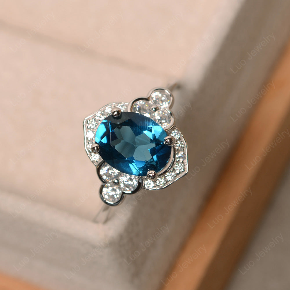 Oval London Blue Topaz Halo Engagement Art Deco Ring - LUO Jewelry