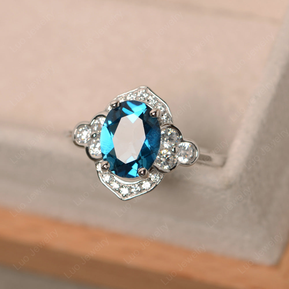 Oval London Blue Topaz Halo Engagement Art Deco Ring - LUO Jewelry