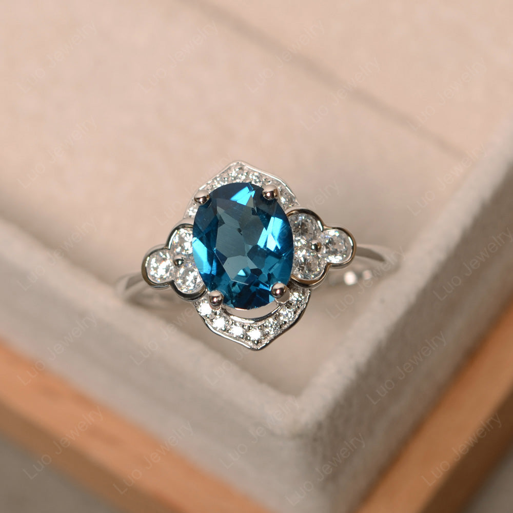 Oval London Blue Topaz Halo Engagement Art Deco Ring - LUO Jewelry