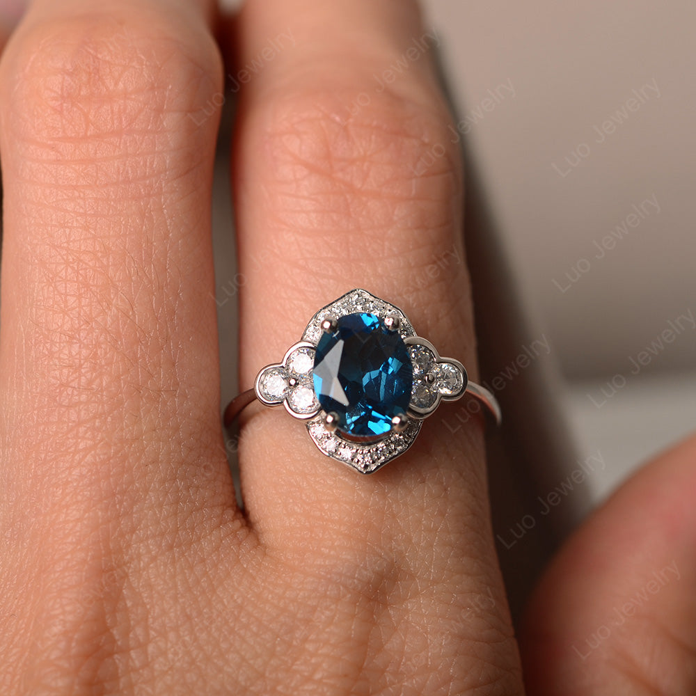 Oval London Blue Topaz Halo Engagement Art Deco Ring - LUO Jewelry