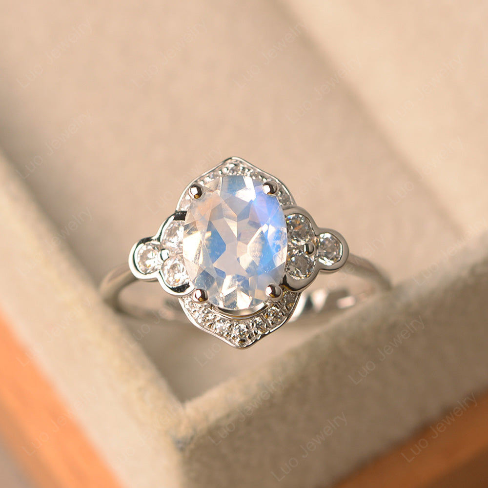 Oval Moonstone Halo Engagement Art Deco Ring - LUO Jewelry