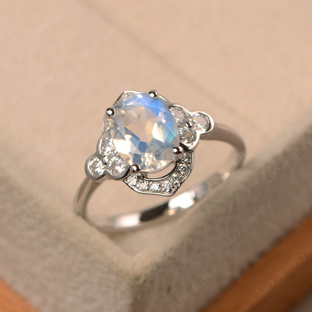 Oval Moonstone Halo Engagement Art Deco Ring - LUO Jewelry