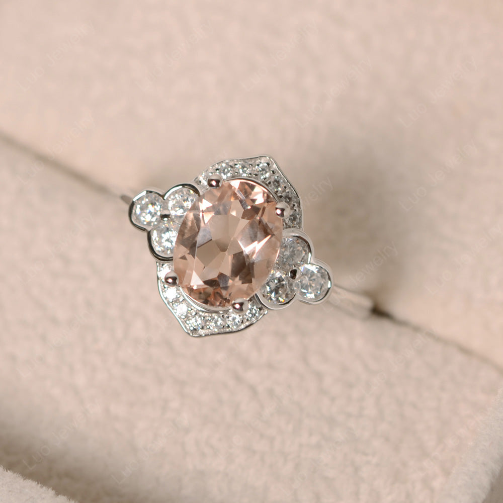 Oval Morganite Halo Engagement Art Deco Ring - LUO Jewelry