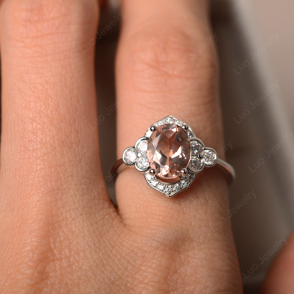 Oval Morganite Halo Engagement Art Deco Ring - LUO Jewelry