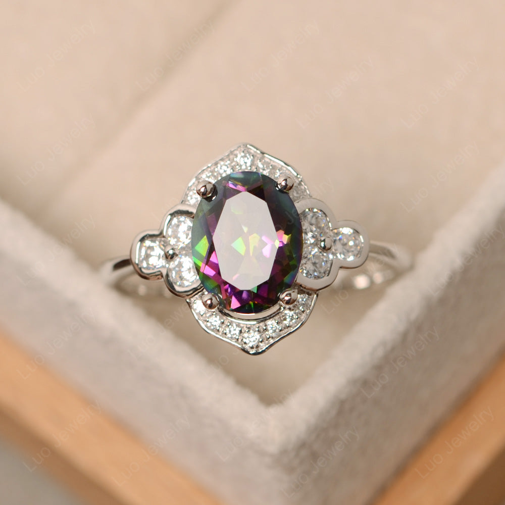Oval Mystic Topaz Halo Engagement Art Deco Ring - LUO Jewelry