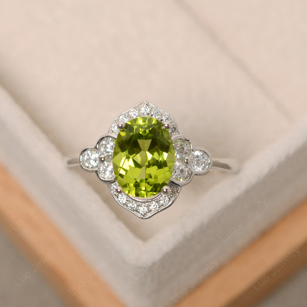 Oval Peridot Halo Engagement Art Deco Ring - LUO Jewelry