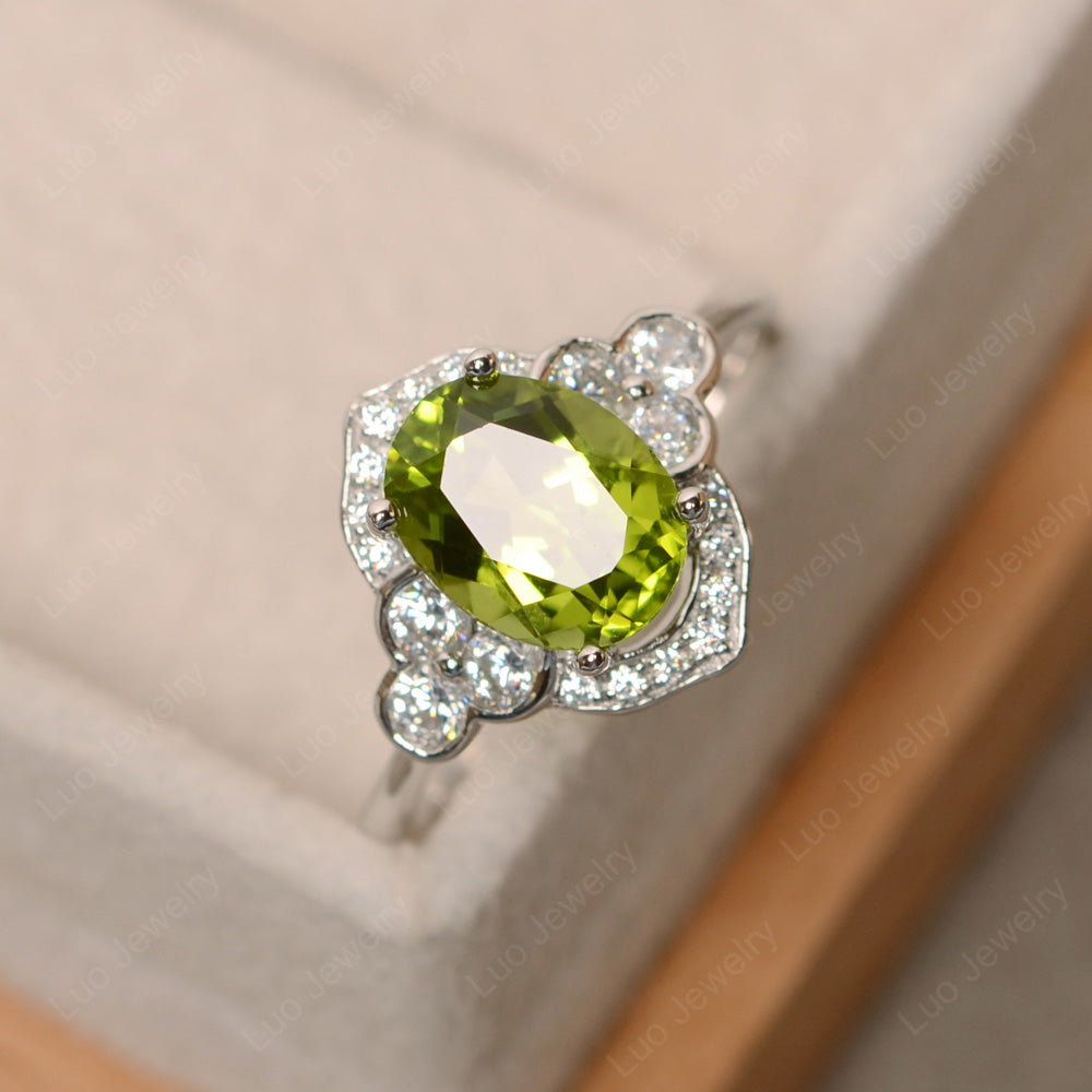 Oval Peridot Halo Engagement Art Deco Ring - LUO Jewelry