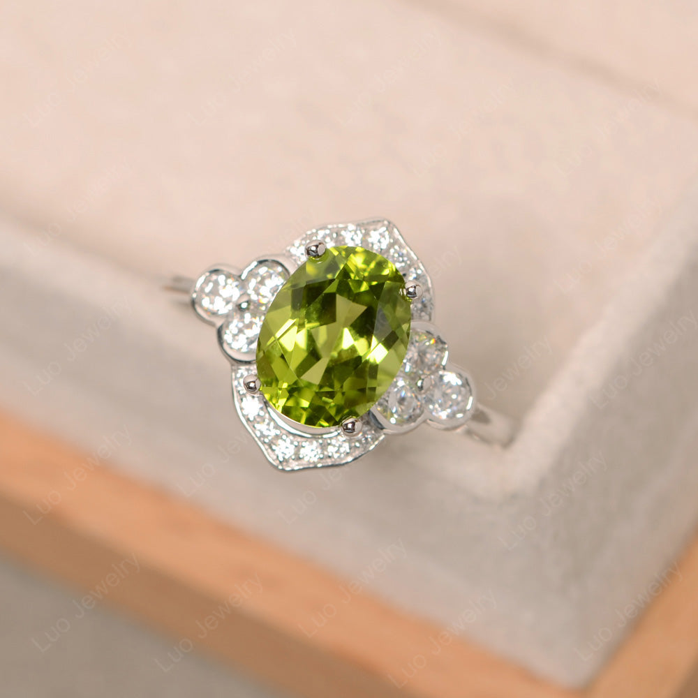 Oval Peridot Halo Engagement Art Deco Ring - LUO Jewelry