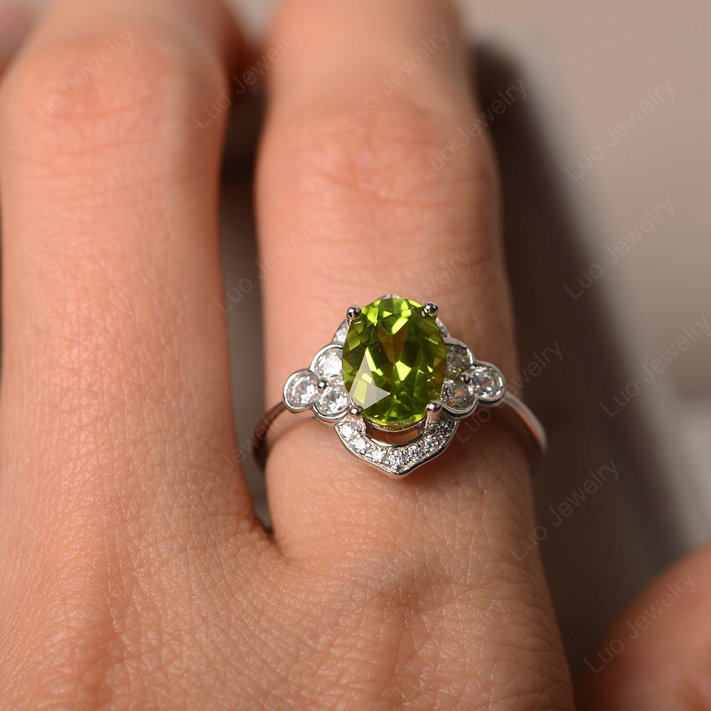 Oval Peridot Halo Engagement Art Deco Ring - LUO Jewelry