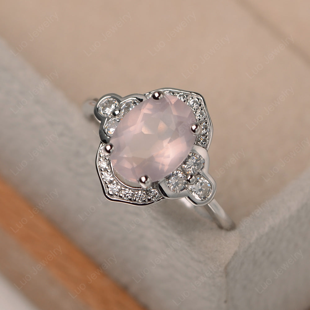 Oval Rose Quartz Halo Engagement Art Deco Ring - LUO Jewelry