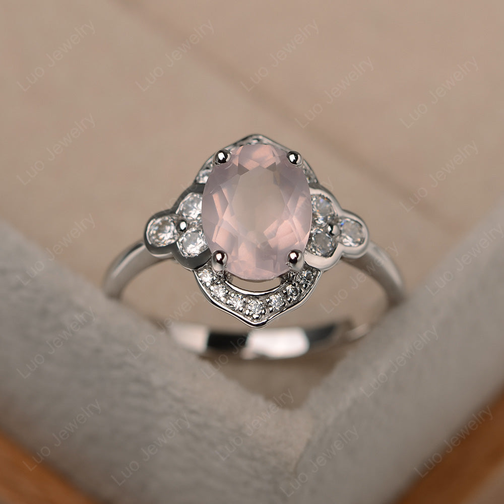 Oval Rose Quartz Halo Engagement Art Deco Ring - LUO Jewelry