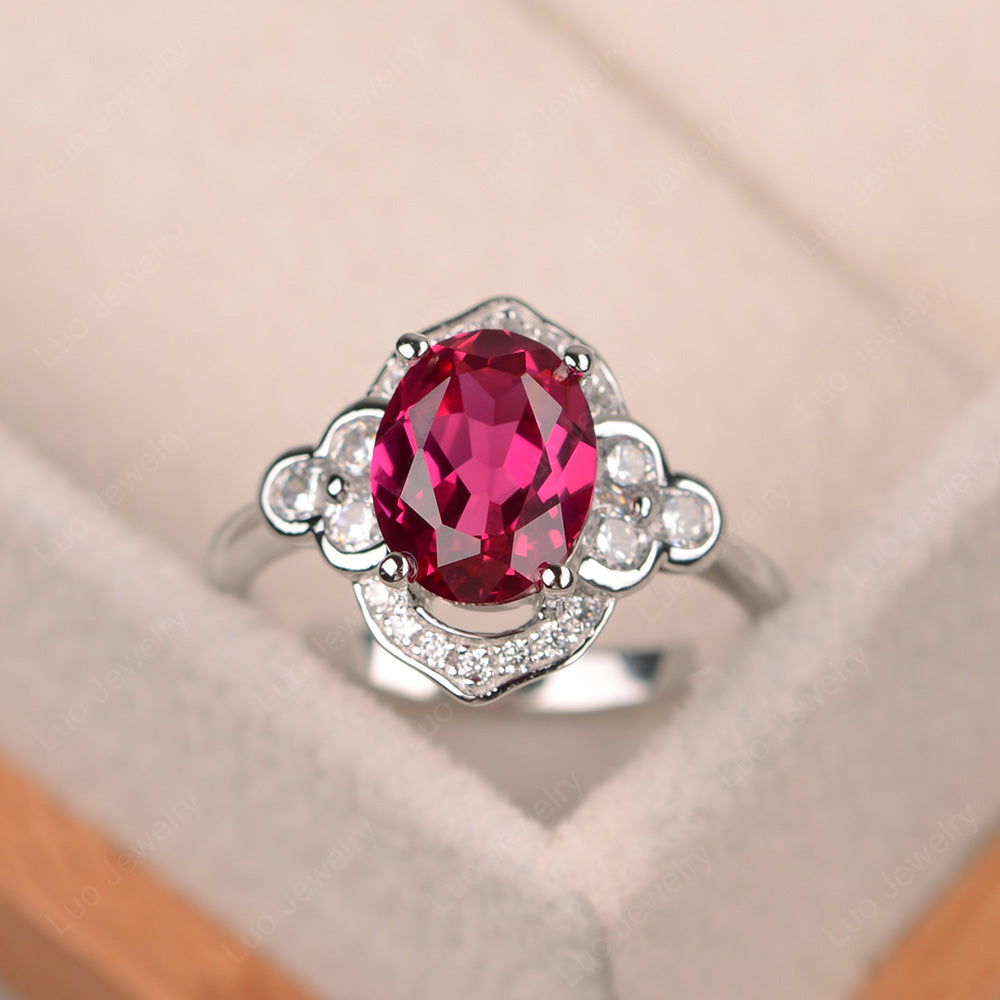 Oval Ruby Halo Engagement Art Deco Ring - LUO Jewelry