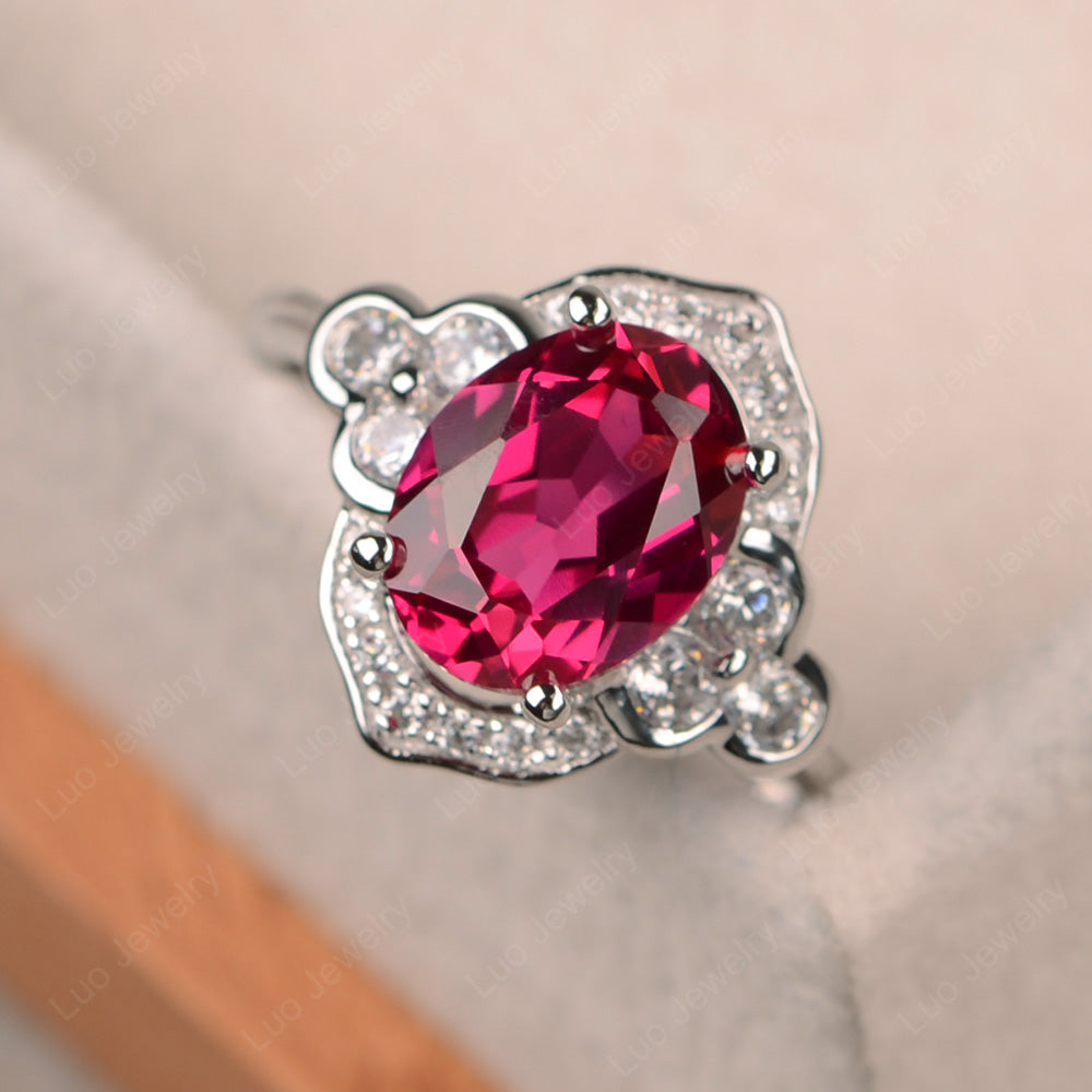 Oval Ruby Halo Engagement Art Deco Ring - LUO Jewelry