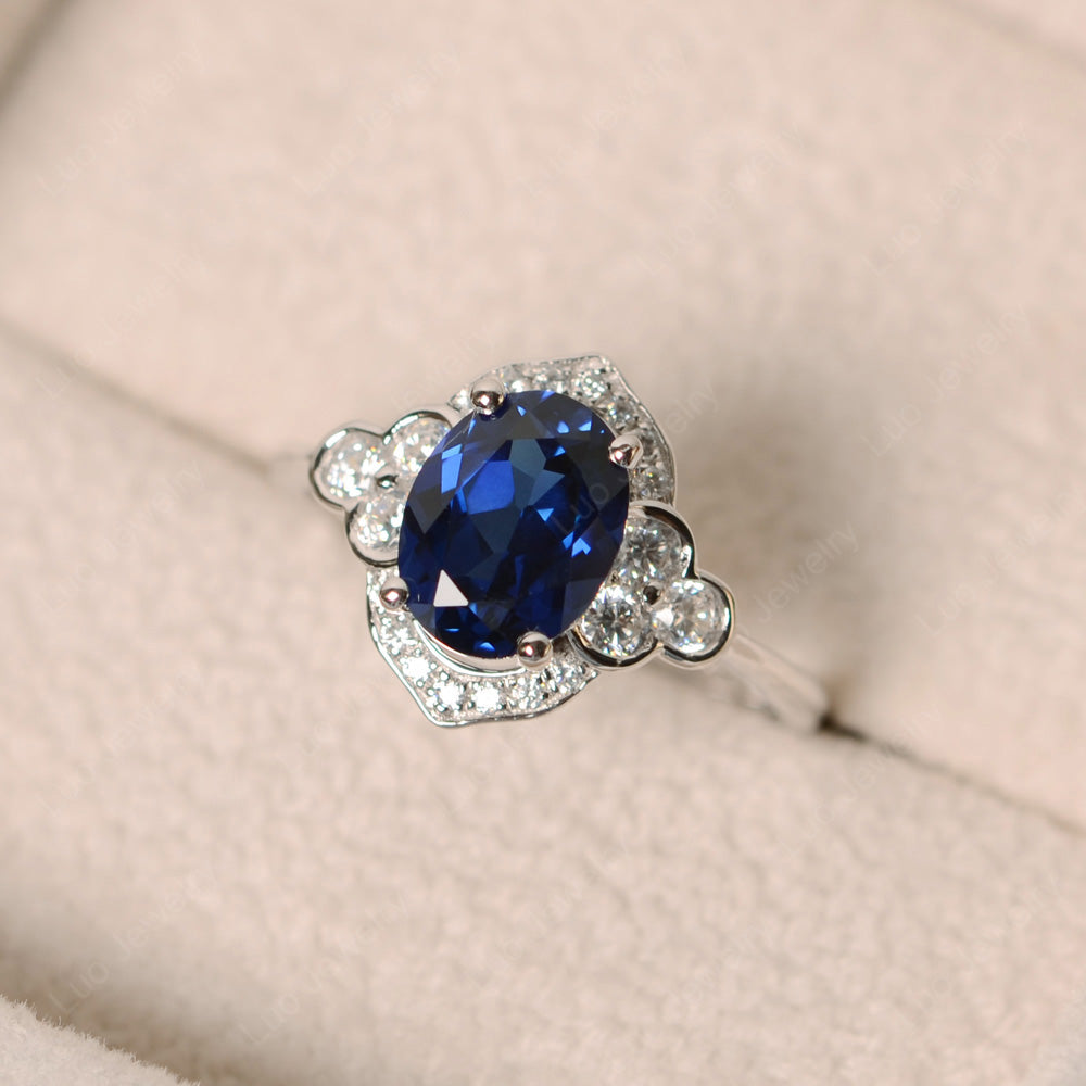 Oval Lab Sapphire Halo Engagement Art Deco Ring - LUO Jewelry