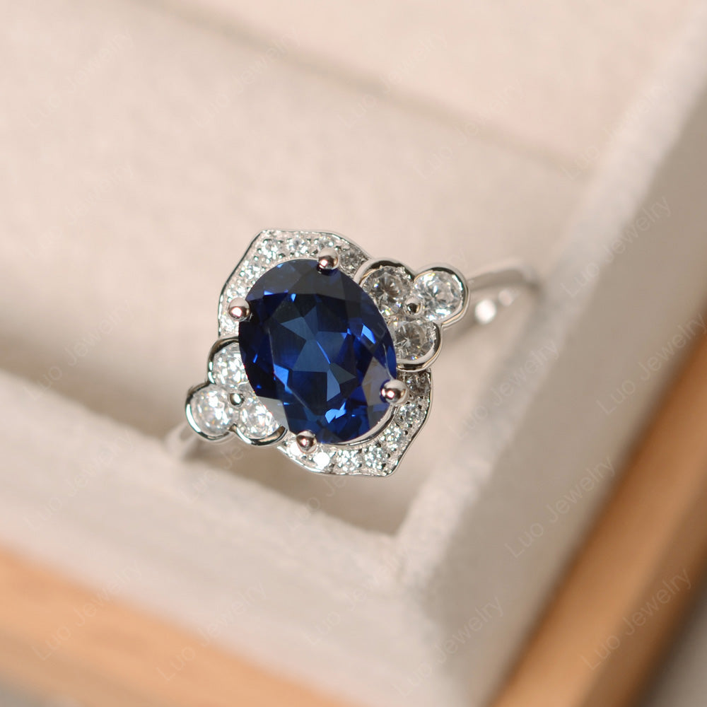 Oval Lab Sapphire Halo Engagement Art Deco Ring - LUO Jewelry