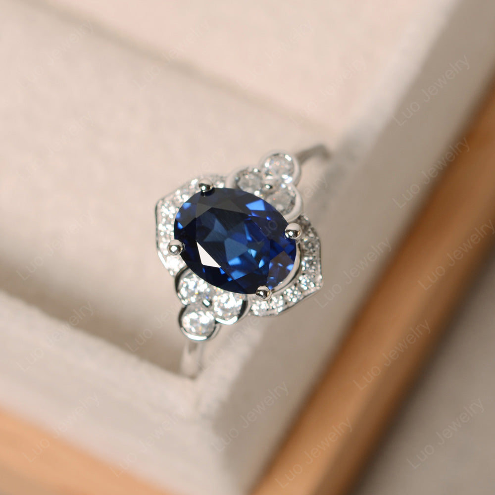 Oval Lab Sapphire Halo Engagement Art Deco Ring - LUO Jewelry