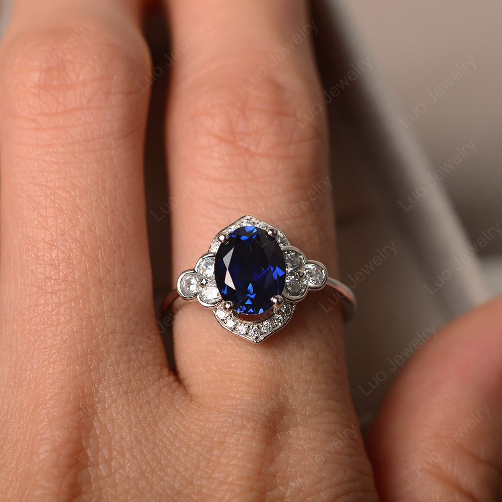Oval Lab Sapphire Halo Engagement Art Deco Ring - LUO Jewelry