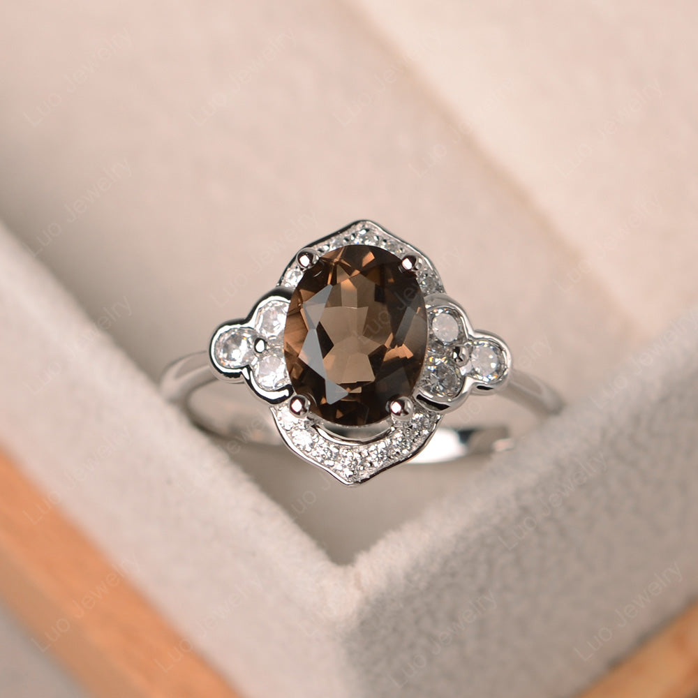 Oval Smoky Quartz  Halo Engagement Art Deco Ring - LUO Jewelry