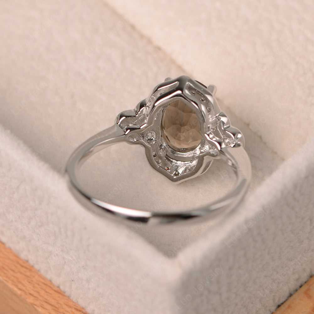 Oval Smoky Quartz  Halo Engagement Art Deco Ring - LUO Jewelry
