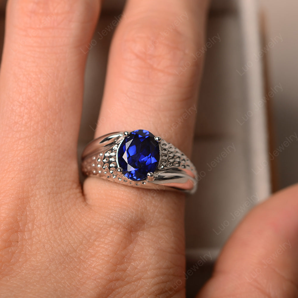 Mens Lab Sapphire Ring Oval Cut Solitaire Ring - LUO Jewelry