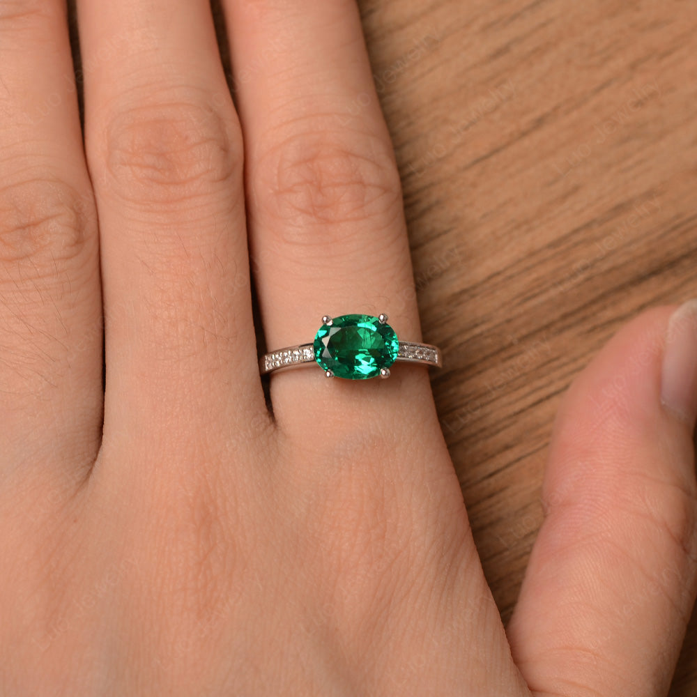 Oval Cut East West Lab Emerald Wedding Ring - LUO Jewelry