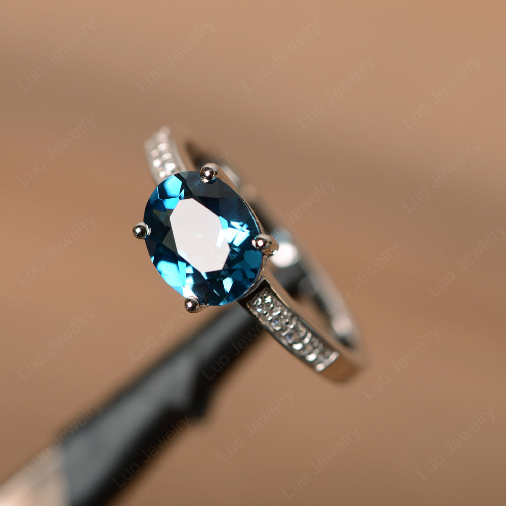 Oval Cut East West London Blue Topaz Wedding Ring - LUO Jewelry