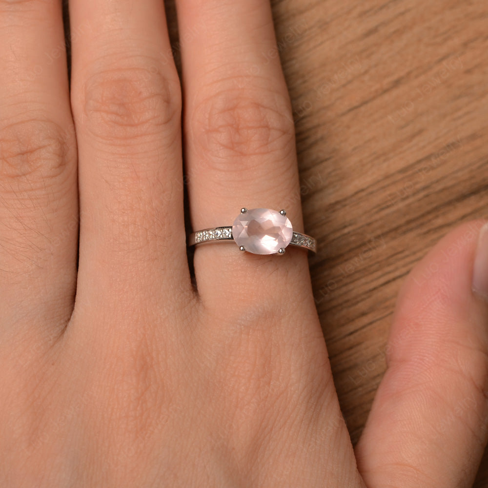 Oval Cut East West Rose Quartz Wedding Ring - LUO Jewelry