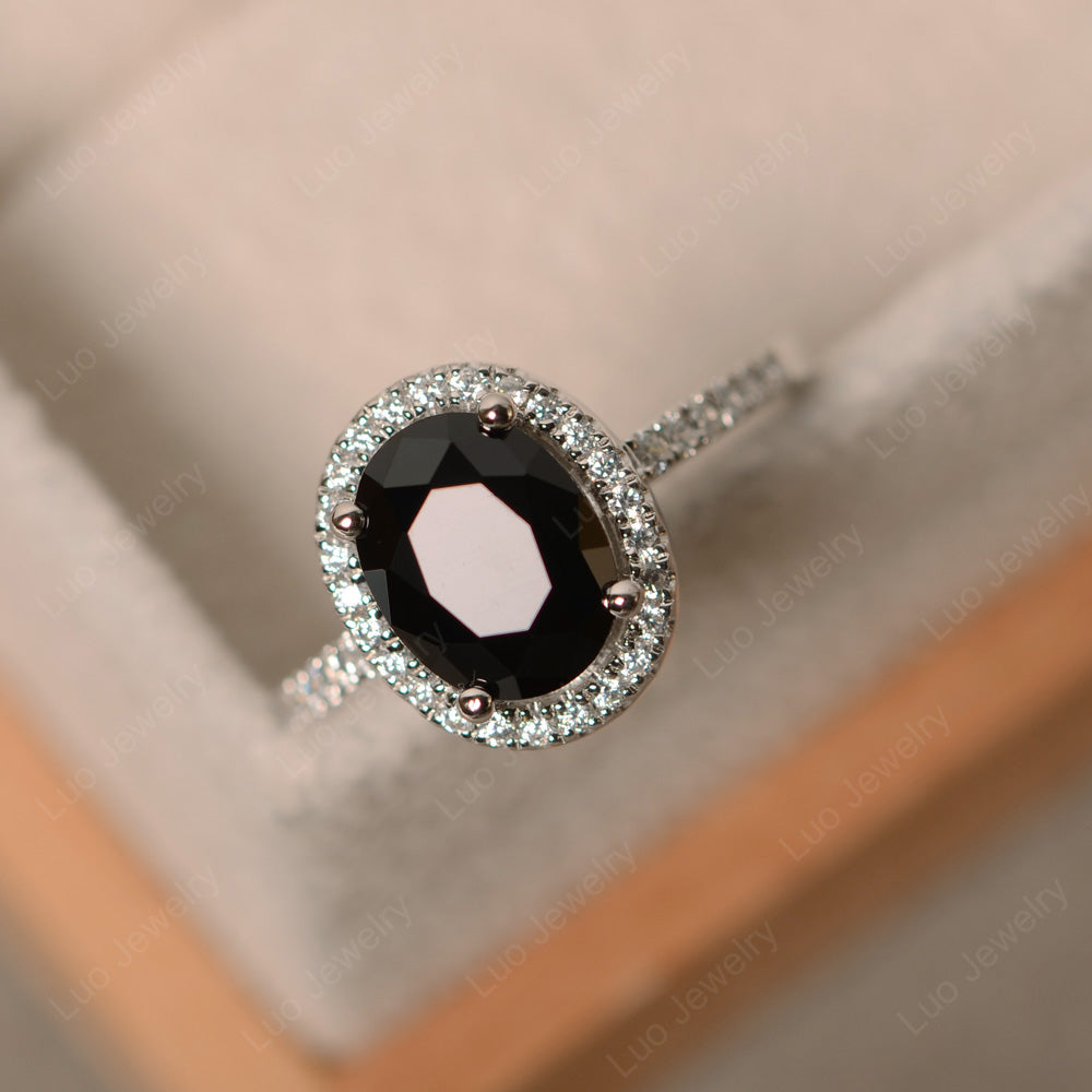 Black Spinel Halo Engagement Ring For Women - LUO Jewelry