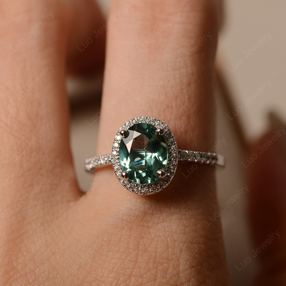 Green Sapphire Halo Engagement Ring For Women - LUO Jewelry