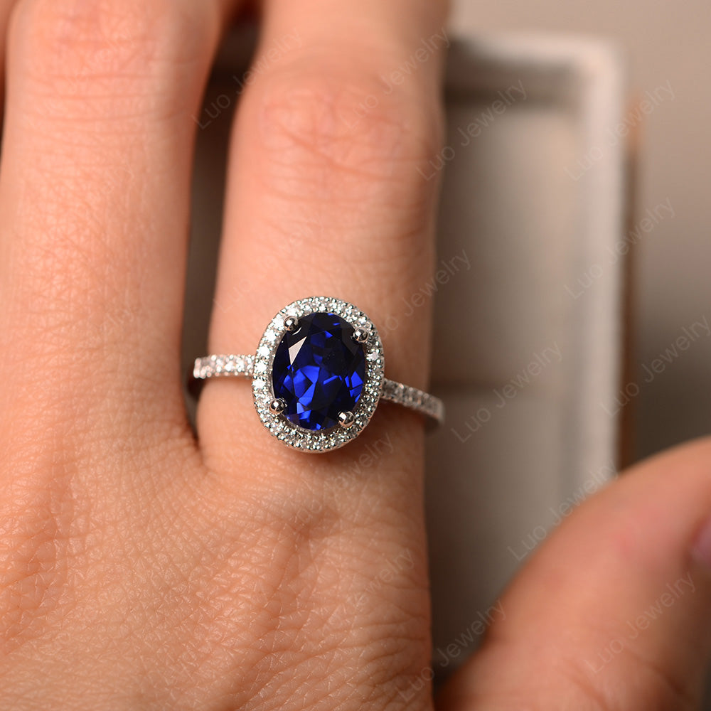 Lab Sapphire Halo Engagement Ring For Women - LUO Jewelry