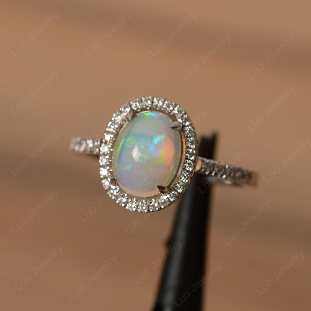 Cabochon Opal Ring Oval Shape Halo Ring - LUO Jewelry