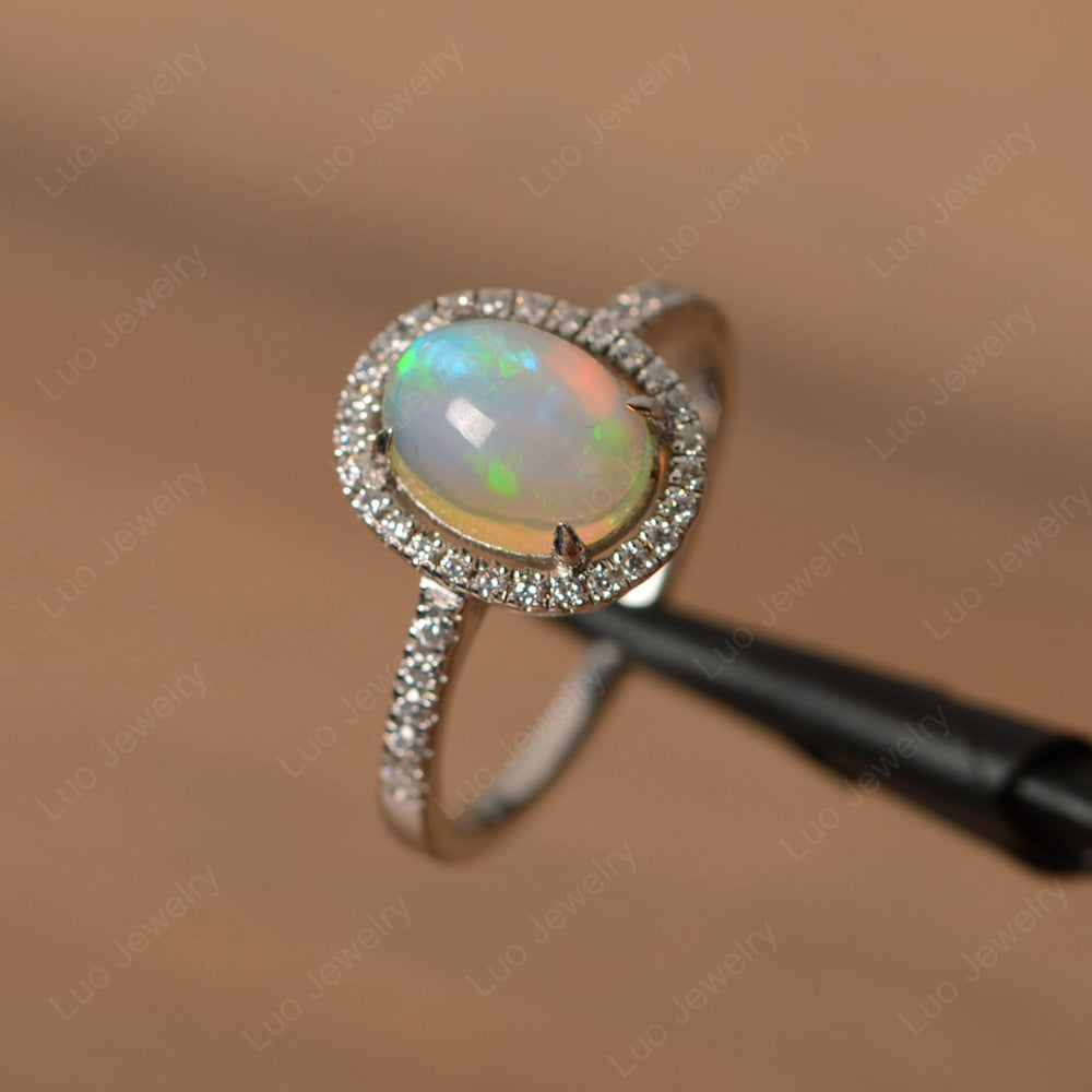 Cabochon Opal Ring Oval Shape Halo Ring - LUO Jewelry