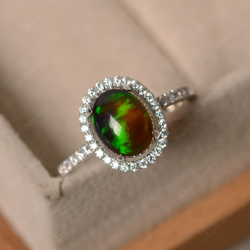 Black Opal Ring Oval Shape Halo Ring - LUO Jewelry