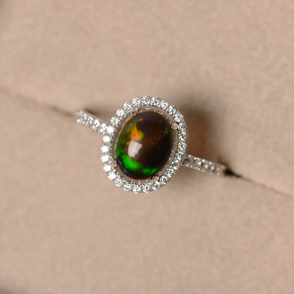 Black Opal Ring Oval Shape Halo Ring - LUO Jewelry