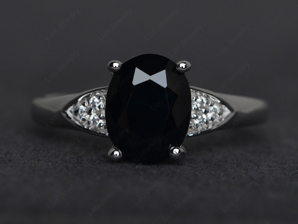 Black Stone Engagement Ring Oval Cut White Gold - LUO Jewelry