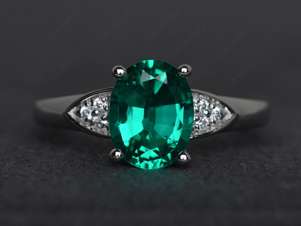 Lab Emerald Engagement Ring Oval Cut White Gold - LUO Jewelry