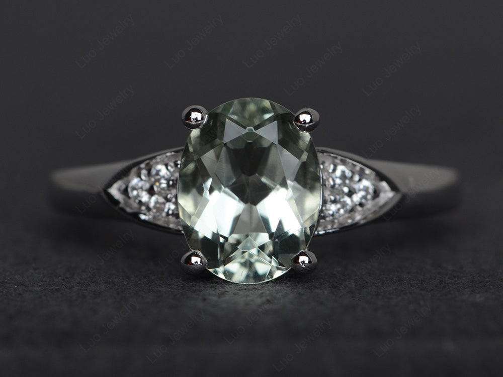 Green Amethyst Engagement Ring Oval Cut White Gold - LUO Jewelry