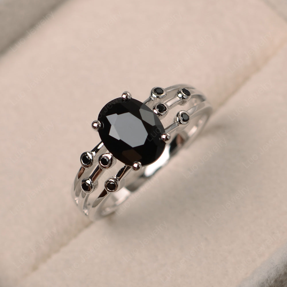 Oval Shaped Black Spinel Ring Art Deco Silver - LUO Jewelry