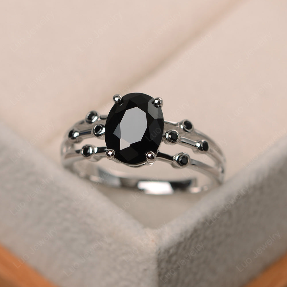 Oval Shaped Black Spinel Ring Art Deco Silver - LUO Jewelry