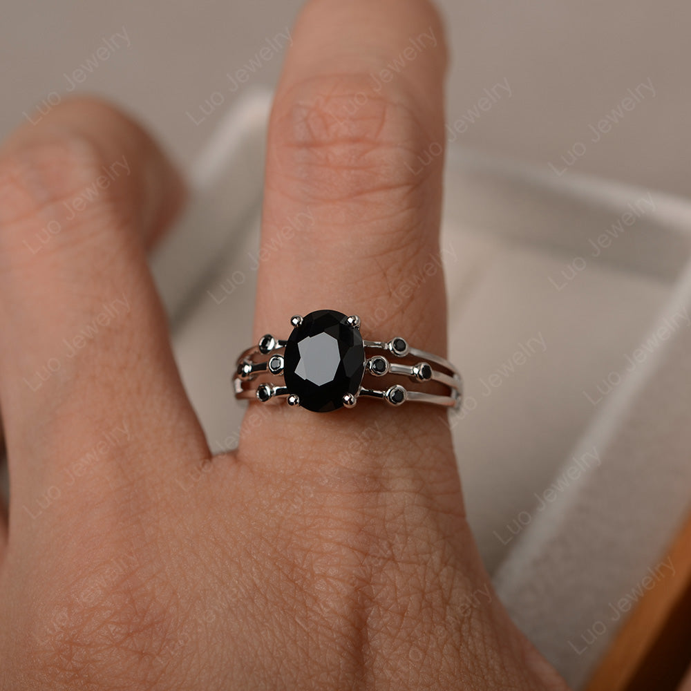 Oval Shaped Black Spinel Ring Art Deco Silver - LUO Jewelry