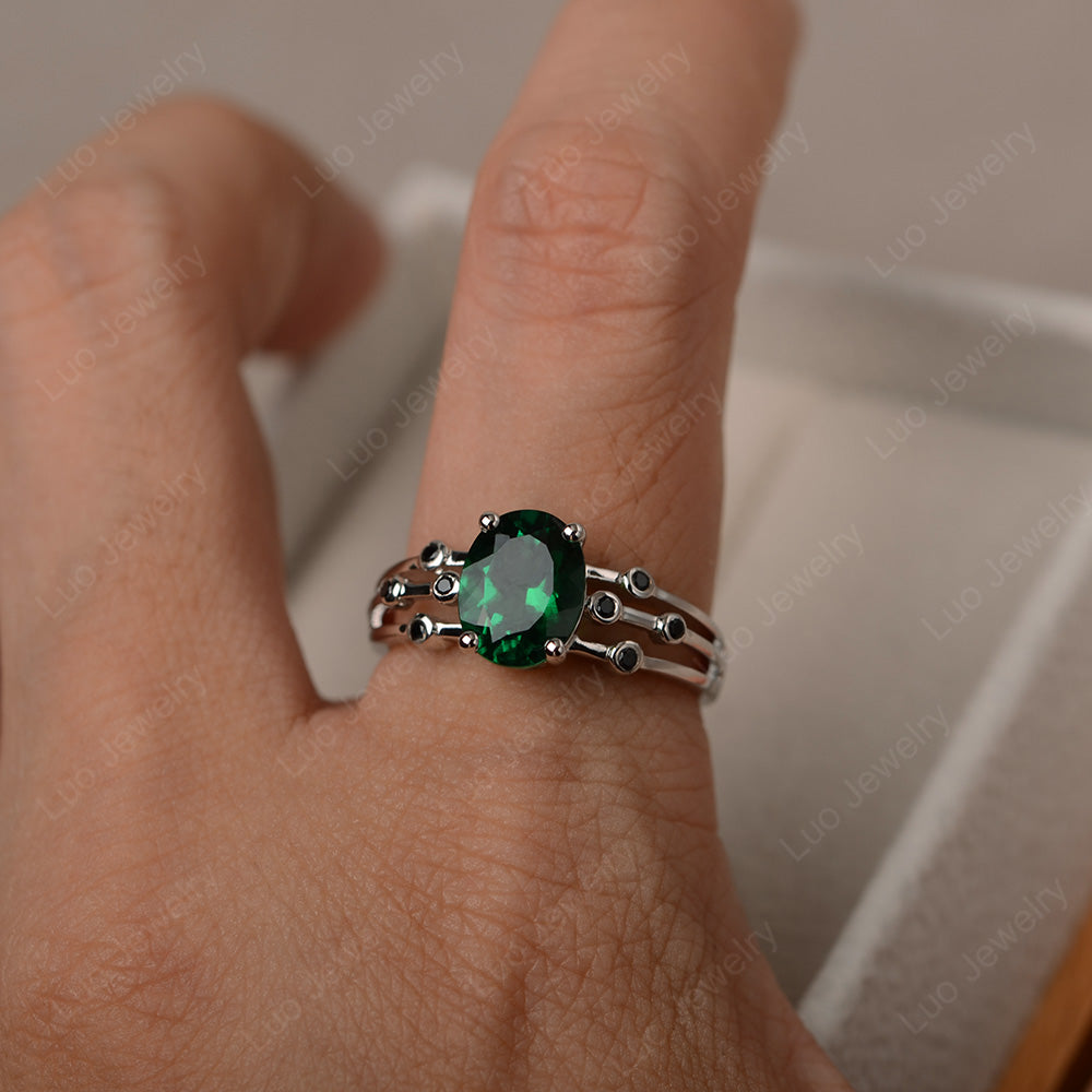 Oval Shaped Lab Emerald Ring Art Deco Silver - LUO Jewelry