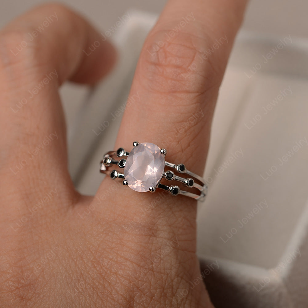 Oval Shaped Rose Quartz Ring Art Deco Silver - LUO Jewelry