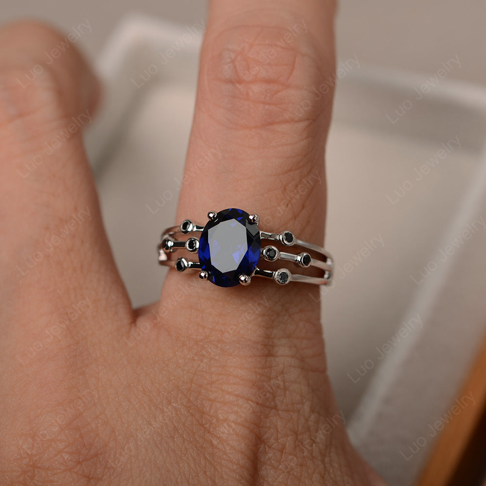 Oval Shaped Lab Sapphire Ring Art Deco Silver - LUO Jewelry