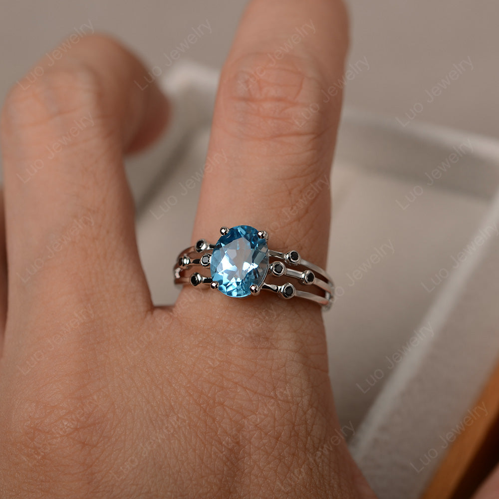 Oval Shaped Swiss Blue Topaz Ring Art Deco Silver - LUO Jewelry