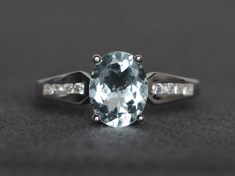 Oval Cut Aquamarine Ring With Channel Set Band - LUO Jewelry