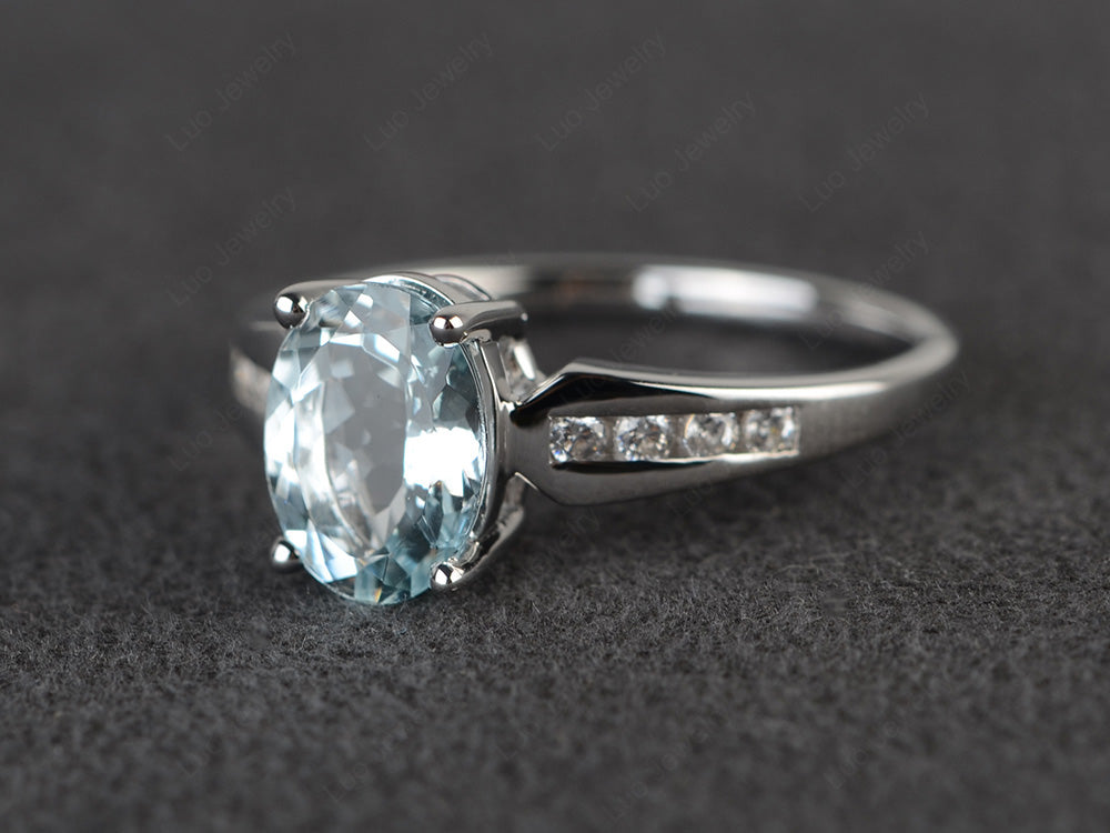 Oval Cut Aquamarine Ring With Channel Set Band - LUO Jewelry