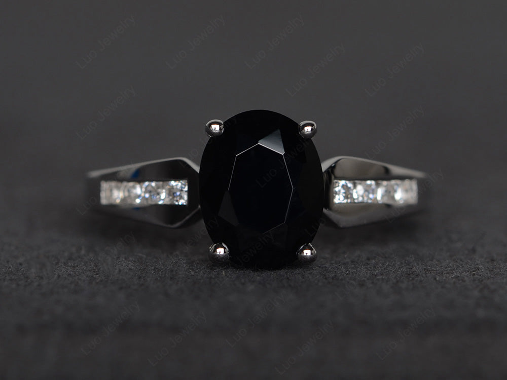 Oval Cut Black Stone Ring With Channel Set Band - LUO Jewelry