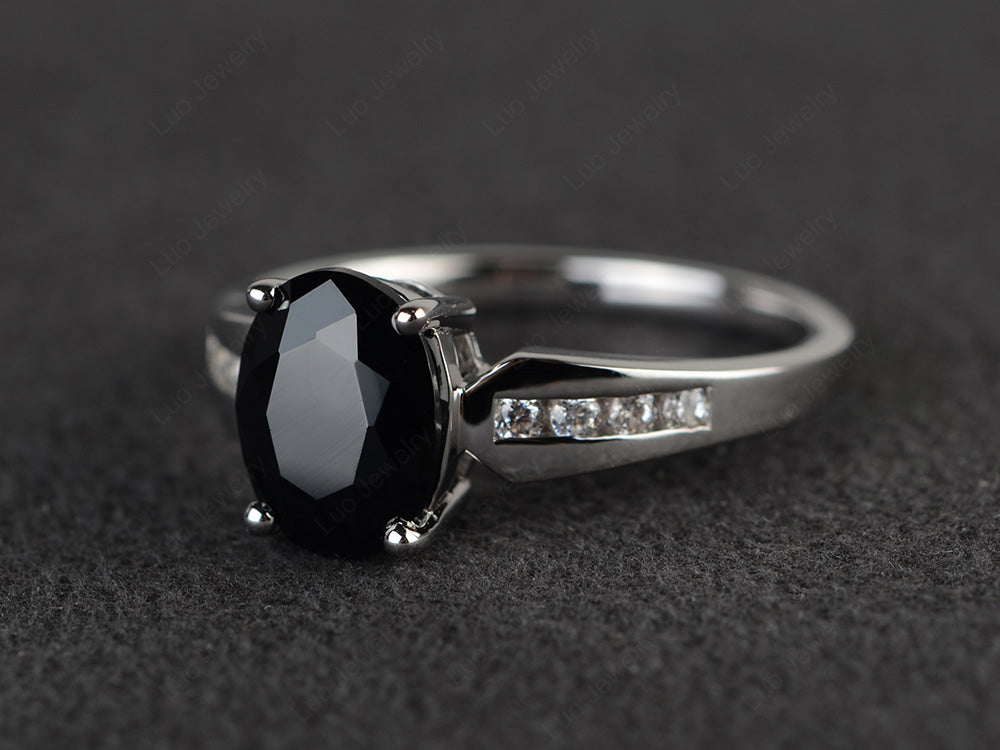 Oval Cut Black Stone Ring With Channel Set Band - LUO Jewelry